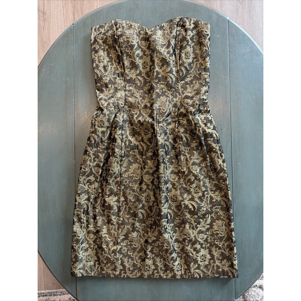 VTG 90s Moda International Victorias Secret Gold Brocade Strapless Dress Sz 10